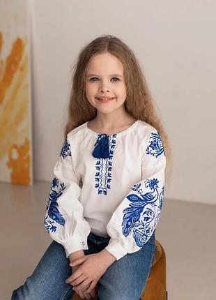 Вышиванка для девочки синяя вышивка жар птица 146