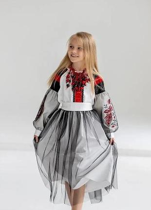 Платье вышиванка для девочек жар птиц белая с красно-черным