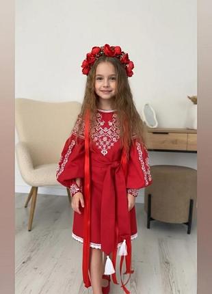 Платье вышиванка для девочки красное домотканое полотно 116