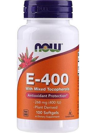 Витамин е, e-400, now foods, со смешанными токоферолами, 268 мг (400 ме), 100 гелевых капсул