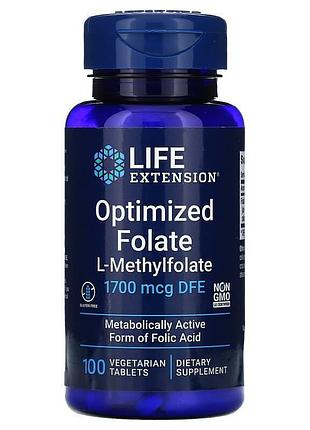 Фолат, optimized folate, life extensions, оптимизированный, 1700 мкг dfe, 100 вегетарианских таблеток