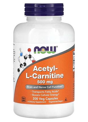 Ацетил карнитин, acetyl-l carnitine, now foods, 500 мг, 200 вегетарианских капсул