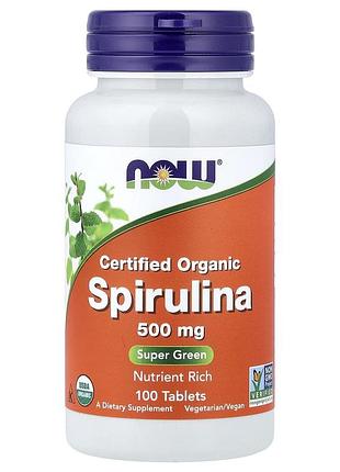 Спіруліна, spirulina, now foods, сертифікована, органічна, 500 мг, 100 таблеток