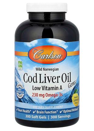 Риб'ячий жир з печінки тріски, cod liver oil gems, carlson, лимон, з низьким вмістом вітаміну а, 300 гелевих капсул