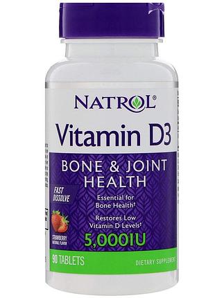 Витамин d3, vitamin d3, natrol, вкус клубники, 5000 ме, 90 таблеток