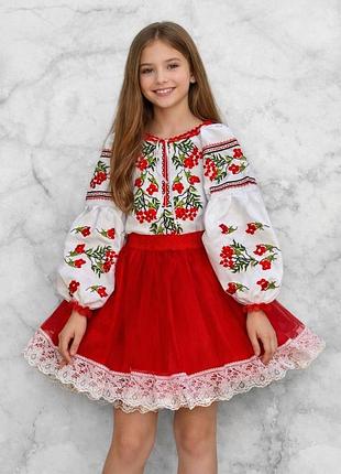 Костюм вишиванка для дівчинки біло-червоний шипшина 128