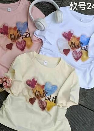 Футболка бавовняна дівчинці рожева з принтом "сердечка" 110, 120, 130, 140, 150 зріст