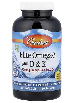 Омега 3 + вітамін d3 та вітамін к, elite omega-3 plus d&k, carlson, натуральний лимон, 180 гелевих капсул