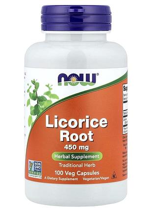 Корень солодки, licorice root, now foods, 450 мг, 100 вегетарианских капсул