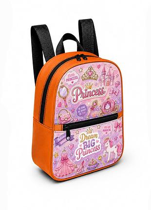 Детский мини-рюкзак оранжевый с принтом princess для девочки 28×24×10 см мини-сумка детская (5215)