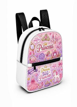 Детский мини-рюкзак белый с принтом princess для девочки 28×24×10 см мини-сумка детская (5217)