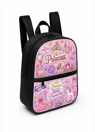 Детский мини-рюкзак черный с принтом princess для девочки 28×24×10 см мини-сумка детская (5218)