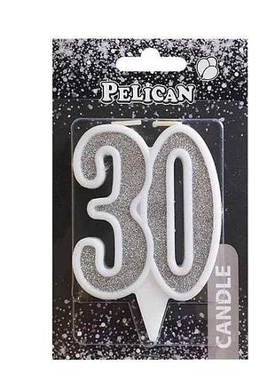 Свеча юбилейная 30 срибло 7см. тм pelican