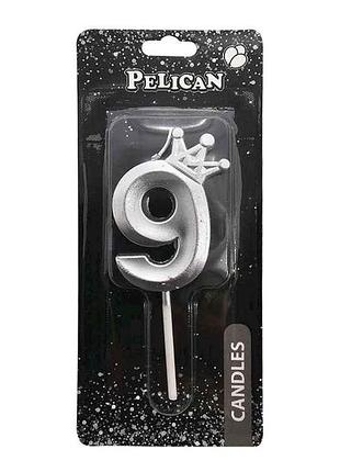 Свеча-цифра 9 6см серебро 3d с короной арт.863119 тм pelican