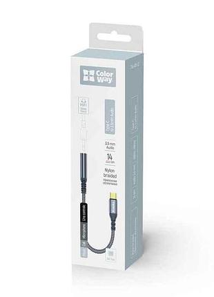 Перехідник usb-c - 3,5мм адаптер female audio 14см сірий тм сolorway