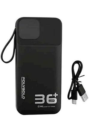 Power bank 36000mah pg-pw328 usb/2pd/фонарик/led дисплей/кабель 2в1 (type-c/lightning) черный (real 30000) тм polygold