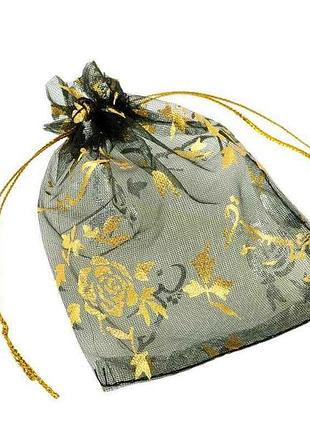 Мішечок подарунковий з органзи квітковий візерунок, чорний 8х12см (169760) тм xuping