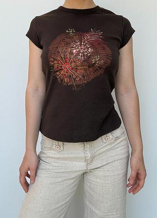 Футболка marks&spencer хлопок с вышивкой коричневая 34 36 xs s бохо винтаж vintage y2k 2000ые