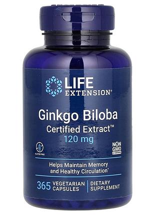 Гинкго билоба, ginkgo biloba, life extension, сертифицированный экстракт, 120 мг, 365 вегетарианских капсул