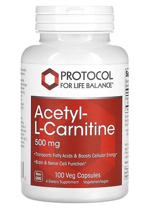 Ацетил-l-карнитин, acetyl-l-carnitine, protocol for life balance, 500 мг, 100 веганских капсул