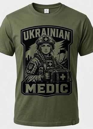 Футболка з принтом для бойового медика тактична олива