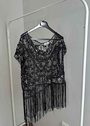 Чорна ажурна літня туніка pull&bear з бахромою / пляжна накидка бохо 100% бавовна