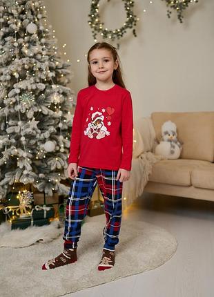 Детская пижама на девочку с брюками - новогодний мишка - family look для семьи 7-8 лет