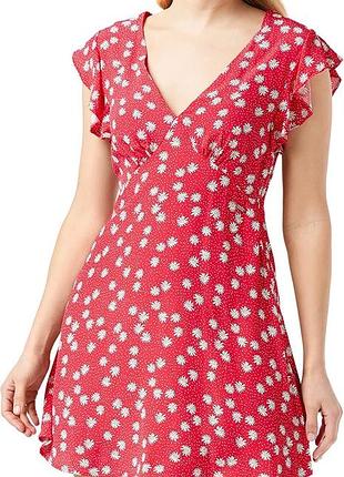 Платье pepe jeans  xs, s, модель mila, вискоза, летнее красное с цветочным принтом и оборками на рукавах, червона міні сукня у квітковий принт
