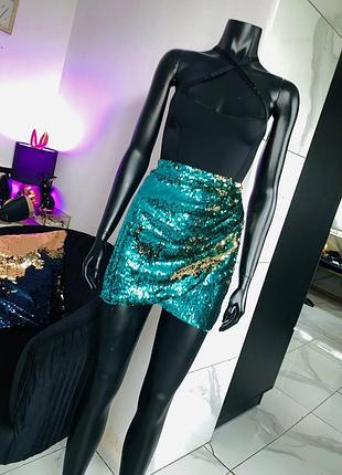 Изумрудная мини-юбка с пайетками topshop, размер uk 10