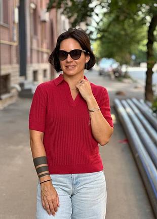 Футболка-поло uniqlo червона cotton pointelle skipper polo sweater