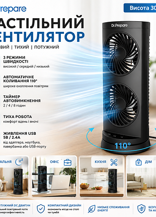 Настільний баштовий вентилятор dr.prepare 30 см, тихий dc, usb, 3 швидкості, поворот 110°, таймер 2/4/8 год, для дому та офісу