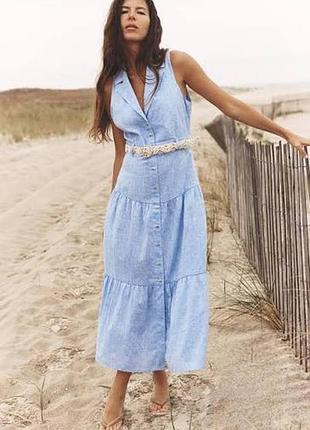 Стильне лляне плаття на ґудзиках zara, розмір м.