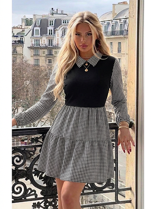 Женское платье🖤принт гусяча лапка 🖤 черно-белое платье shein с воротником 🐾 платье мини оригинал 🖤 стильное повседневное платье