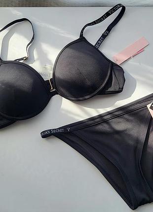 Топовий купальник victoria's secret чорний пуш-ап чорний верх 75в-34в низ s 3