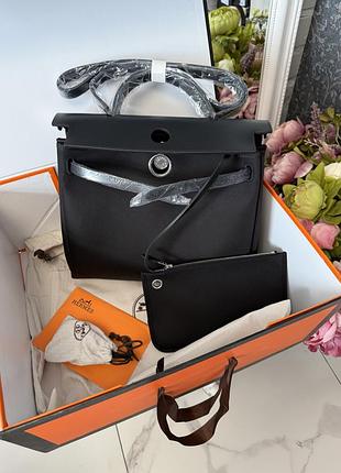 Черная кожаная сумка с текстилем женская шикарный люкс hermes 31 cm