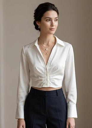 Zara атласна сатинова блузка сорочка вкорочена біла драпірування скандинавський стиль мінімалізм