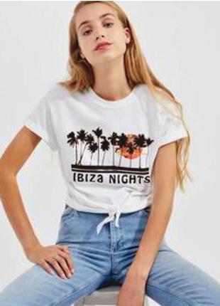 Белая базовая хлопковая  укороченная  футболка ibiza 
біла базова бавовняна футболка  з пальмами