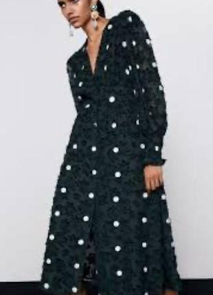 Zara сукня в горошок міді з широкими рукавами графітового кольору р 10