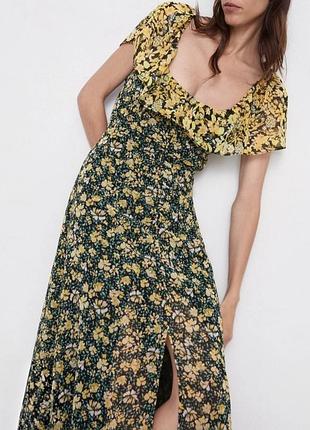 Полупрозрачное шифоновое платье миди zara в цветочный принт размер l/14/48