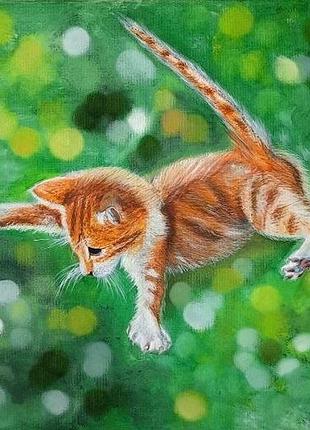 Лечу! (картина маслом на холсте, рыжий котенок)