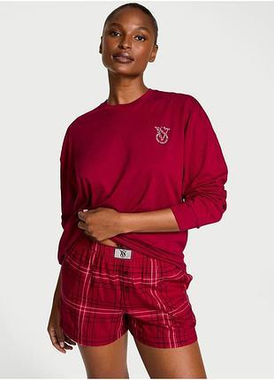 Жіноча піжама (шорти+логслів) victoria's secret (28799765841) flannel long-sleeve short tee-jama set xs червона