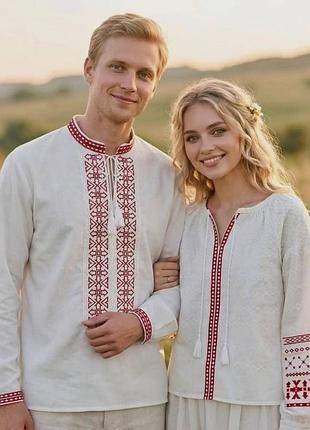 Жіноча вишиванка, чоловіча вишиванка, парні сорочки вишиванки, фемелі лук сімейні сорочки з вишивкою червоними нитками