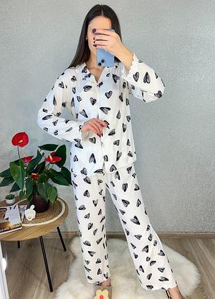Пижама женская белая рубашка и штаны с сердечками (s/42, m/44, l/46) l