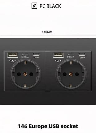 Двойная розетка с usb и type-c 3100ma, черная матовая (pc black), евро розетка с быстрой зарядкой для телефона 146 тип