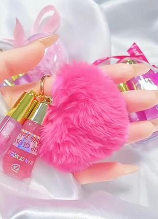 Набір блисків для губ 2-в-1 з хутряним брелоком glitter lip gloss iman of noble