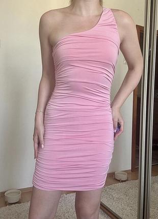 Еластична сукня рожева на одне плече (фото на тілі) з драпуванням missguided коротка