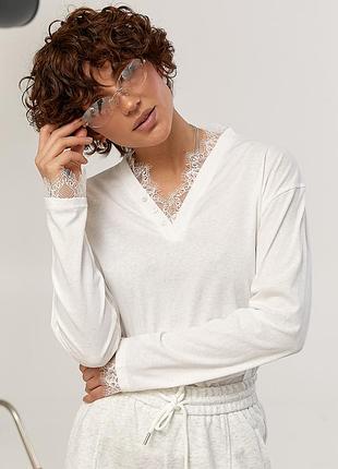 Свободный лонгслив с кружевом, кремовый, one size, однотонный, трикотажный, хлопковый