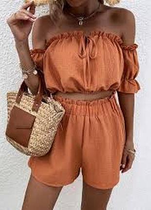 Женский коралловый костюм с шортами жатка от shein