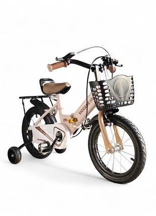 Дитячий велосипед viccabe sport 6100-88a, 14″ зі світними додатковими колесами, кошиком і багажником бежевий