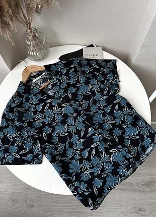 Темно синя сорочка в квіти теніска льон віскоза бавовна uniqlo
